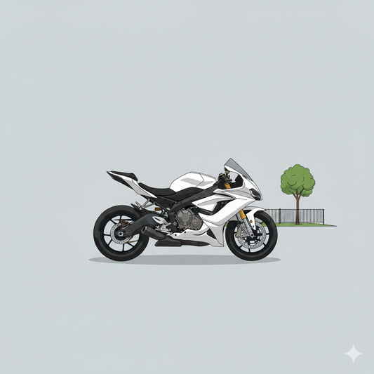 White motorcycle on a light gray background with a small green tree and fence.