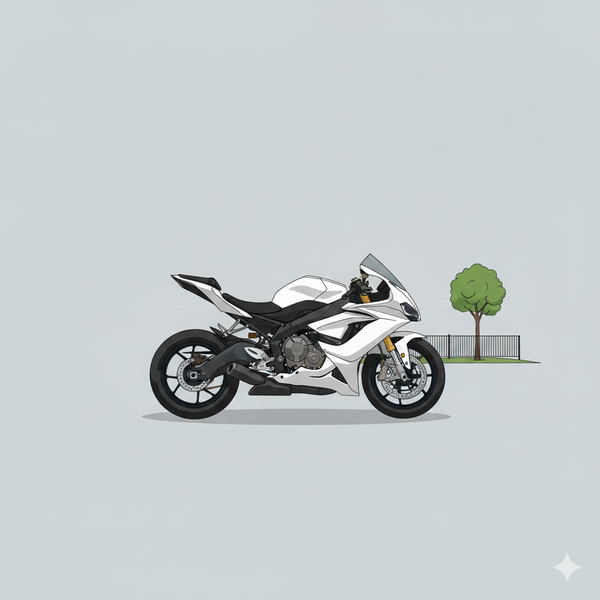 White motorcycle on a light gray background with a small green tree and fence.